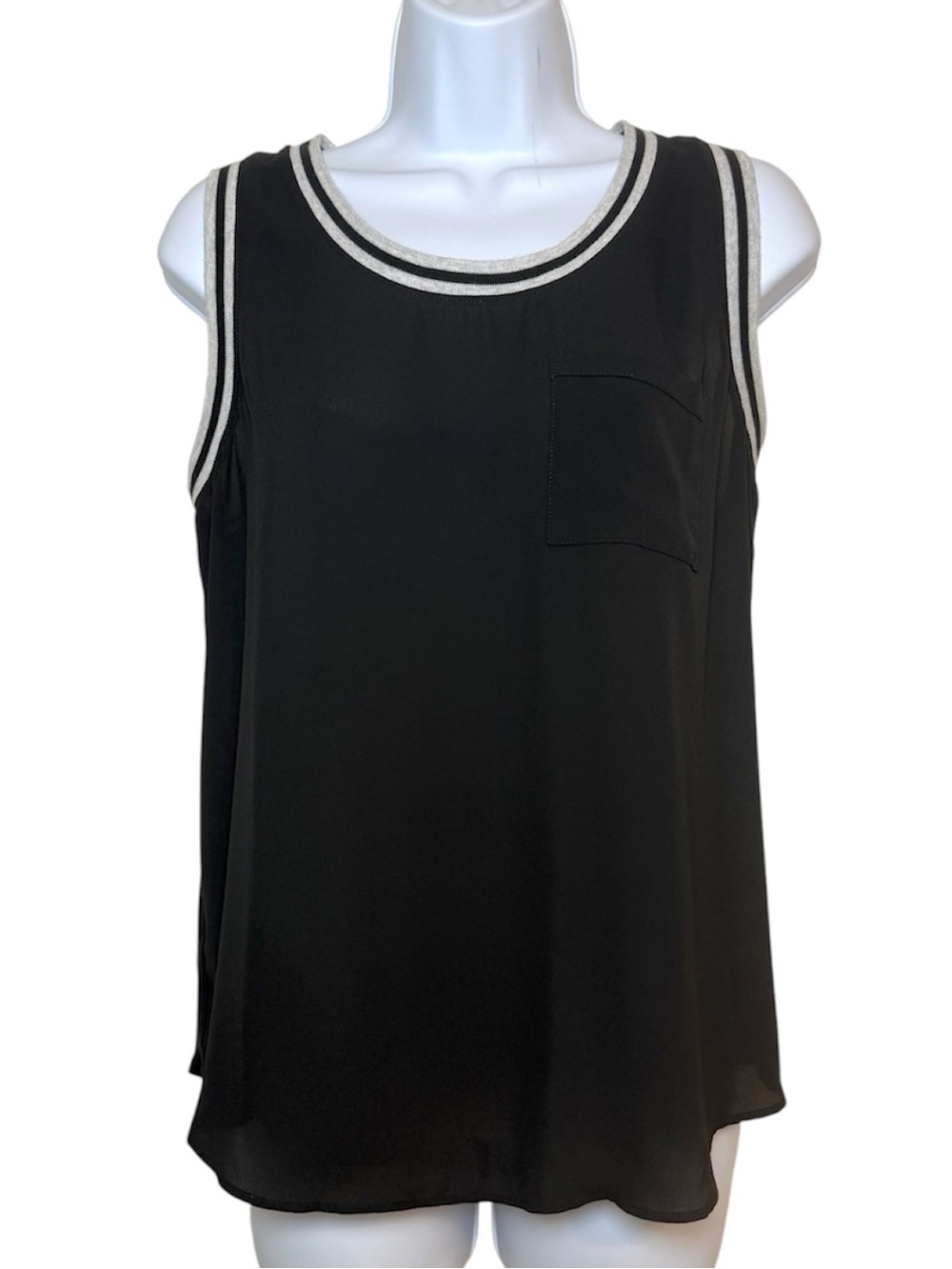 Ann Taylor LOFT Black Sleeveless Blouse Tank Top Stripe Trim Front Pocket